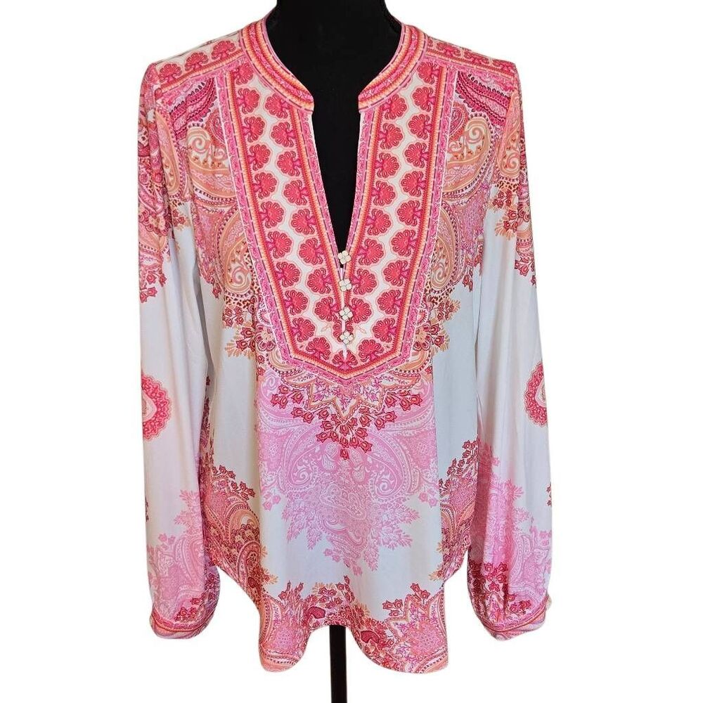 NWT Hale Bob Los Angeles Womens Azaria Jersey Pink White Long Sleeve Top Large - Picture 2 of 12